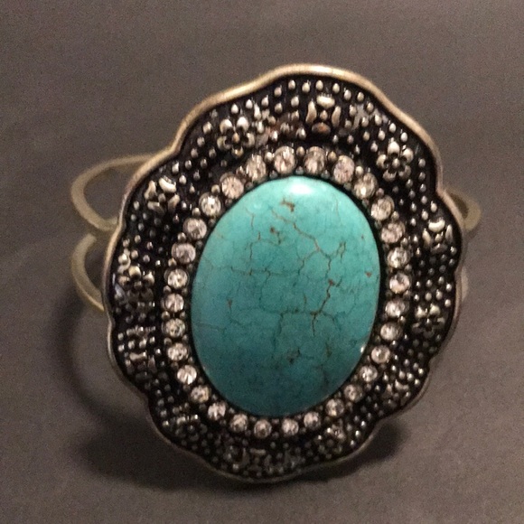 Hinged bracelet turquoise silver tone with crystals - Picture 2 of 6